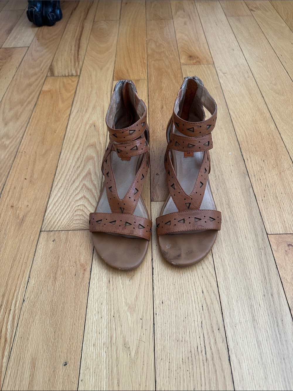 Miz Mooz Cognac Tan Leather Strappy Sandals with Cutout Detail